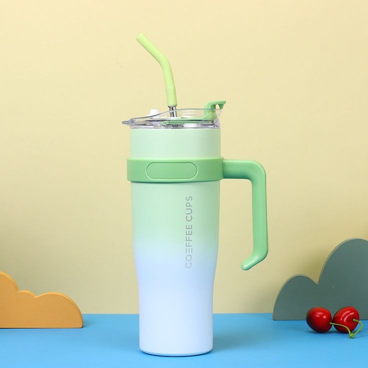 Colorful Insulated Coffee Tumblers with Handle & Straw 1200 ml - Image 2