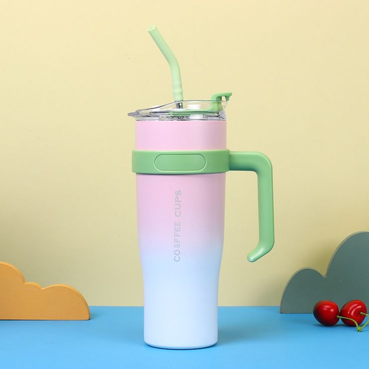 Colorful Insulated Coffee Tumblers with Handle & Straw 1200 ml - Image 3